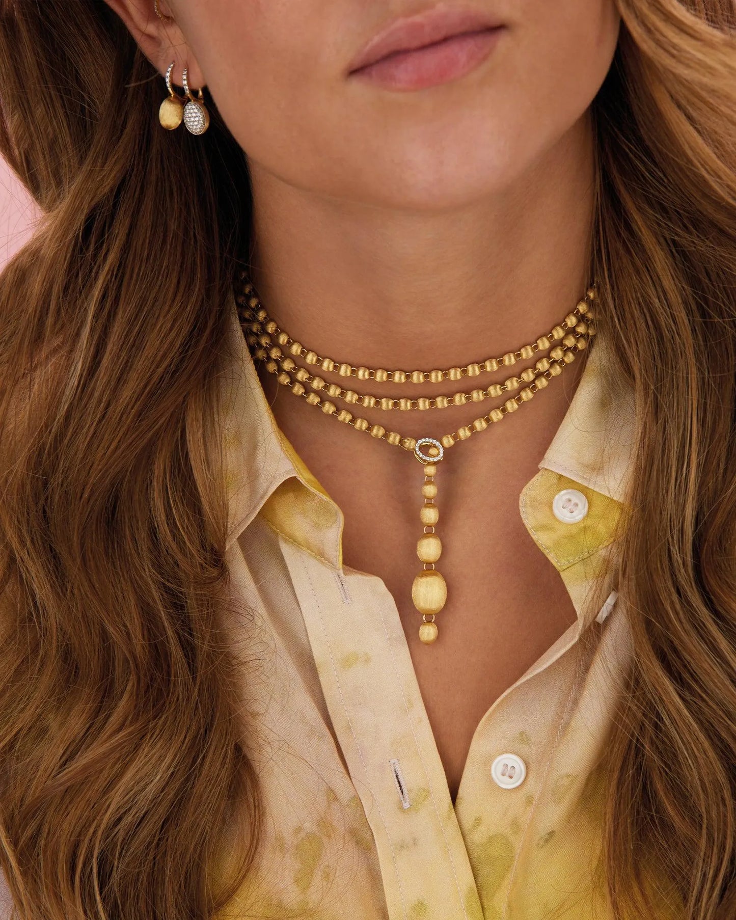 "Ivy" slanke, met de hand gegraveerde gouden boules en diamanten converteerbare statement ketting (groot)